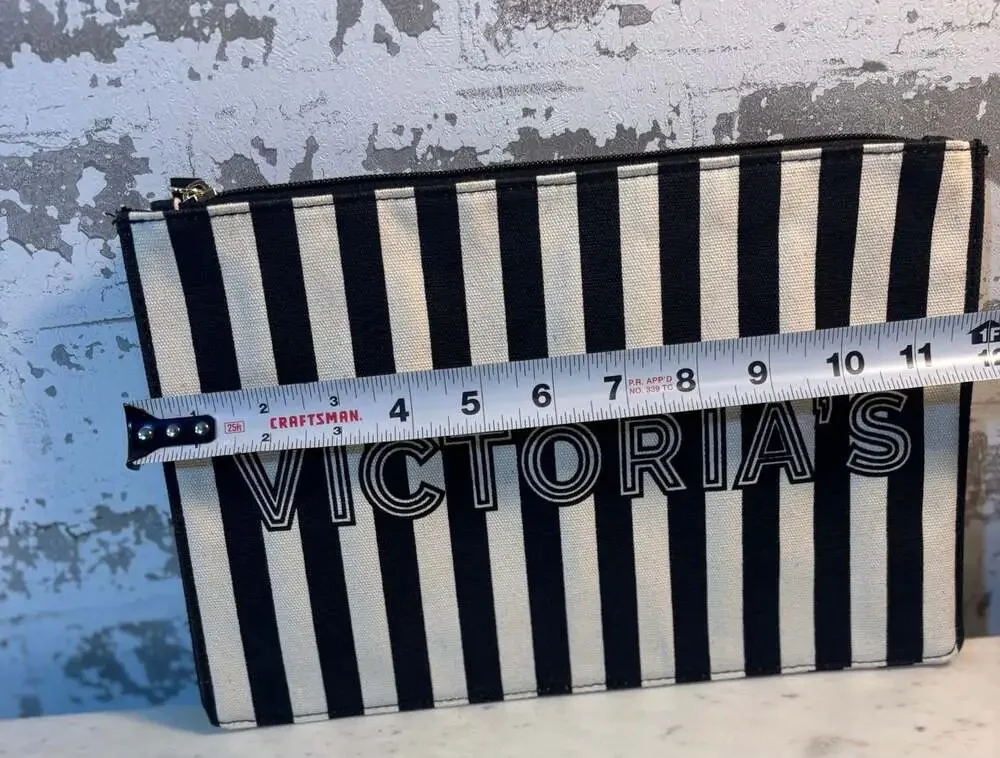 Victoria's Secret Black and White Striped Canvas Wristlet Makeup Bag